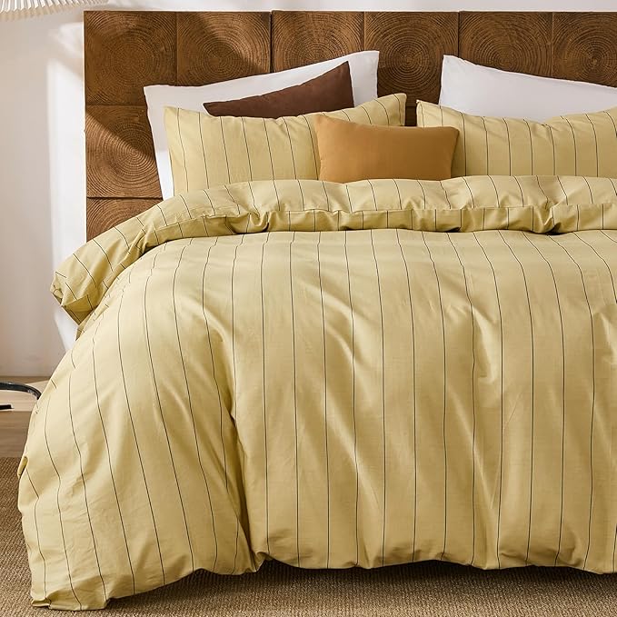 Merryword Yellow Striped Duvet Cover Set Queen Size, Natural Cotton Bedding Set with Zipper Closure & 8 Corner Ties, Soft Breathable Luxury Linen Like Bedding for All Seasons