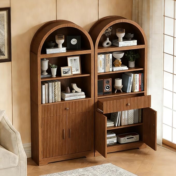 Farmhouse Arched Bookshelf, Mid-Century Modern 5-Tier Curved Cabinet with Door, Wooden Bathroom Storage Cabinet, Kitchen Pantry Cabinet for Living Room, Kitchen，Home Office, Walnut X2