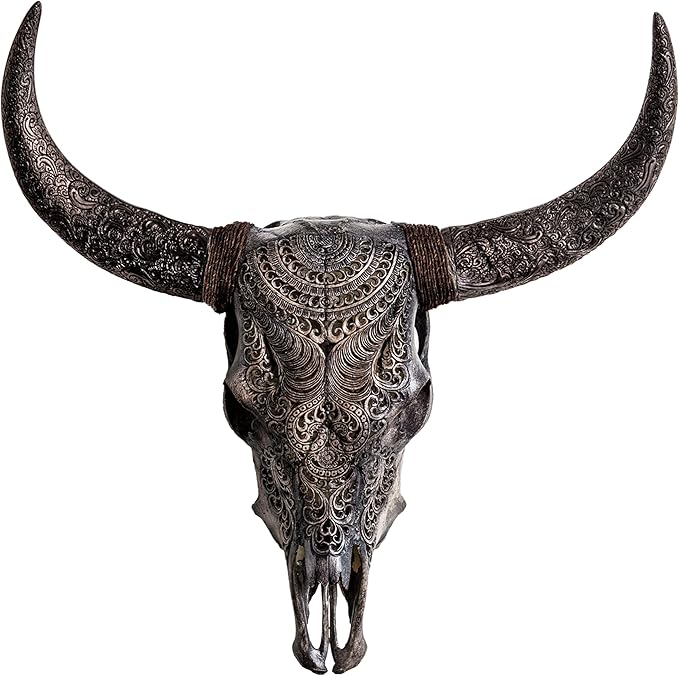 Skull Bliss - Hand-Carved Real Authentic Taxidermy Cow Skull/Bull Skull Wall Decor with Horns/Real Animal Cow Skull Wall Decor (Hand-Carved Horns)