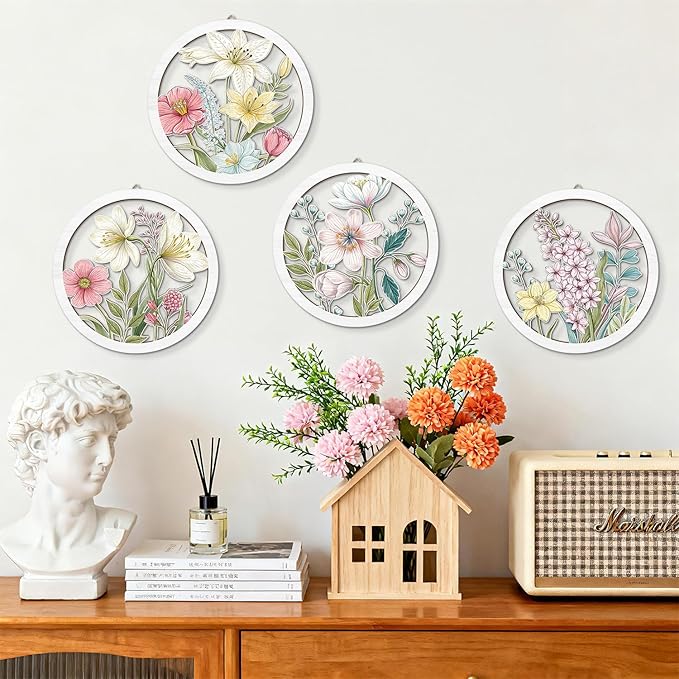 HPNIUB Boho Flower Wall Decor, Abstract Floral Market Wooden Wall Hanging Sign, 4 Pieces 10''x10'' Colorful Plant Wall Art, Minimalist Wildflower Botanical Wood Plaue for Girls Bedroom Living Room