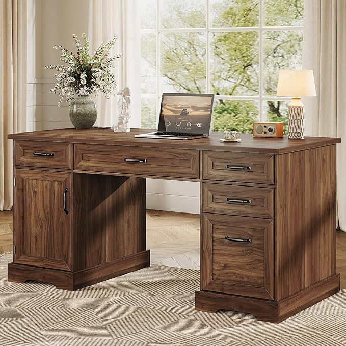 OffiGo 59 Inch Farmhouse Desk with Drawers, Executive Computer Desk with Charging Station, Wood File Cabinet Storage for Home Office, Walnut