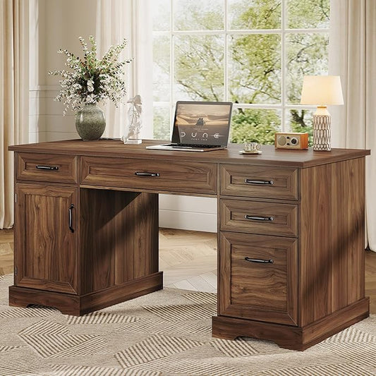 OffiGo 59 Inch Farmhouse Desk with Drawers, Executive Computer Desk with Charging Station, Wood File Cabinet Storage for Home Office, Walnut