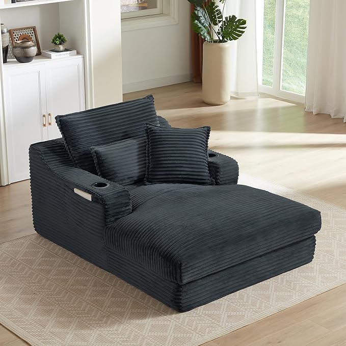 67" Boneless Chaise Lounge Chair Indoor, Oversized Chaise Lounge with Cup Holders, 3 Pillows, Side Pockets & Armrest, Corduroy Upholstered Plush Sleeper Sofa Chair Bed for Living Room, Apartment | Breathable material