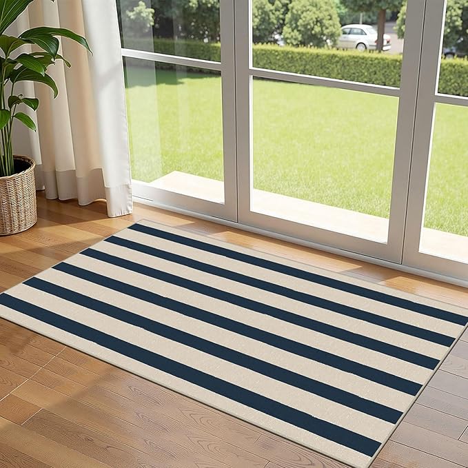 Front Door Mat Indoor Entrance - 2x4.3 Ft Blue and White Washable Doormat Outdoor Entrance Porch Rug Non-Skid Runner Rug for Kitchen Hallway Bedroom Laundry Room Porch Decor