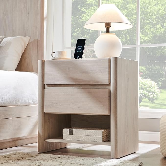 25" Tall Modern Nightstand with Charging Station, 23.6" W Nightstand with 2 Storage Drawers & Open Shelf, Wood Night Stand w/Rounded Corner Design for Bedroom, Living Room (Cream)