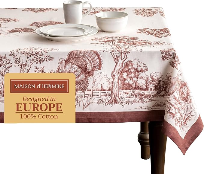 Maison d' Hermine Table Cloth Rectangle Table 100% Cotton 70 x 108 Inches Fall Tablecloth Reusable Everyday Use for Thanksgiving Christmas Decorations Dining Farmhouse Party (Holy Jouy - Brown)