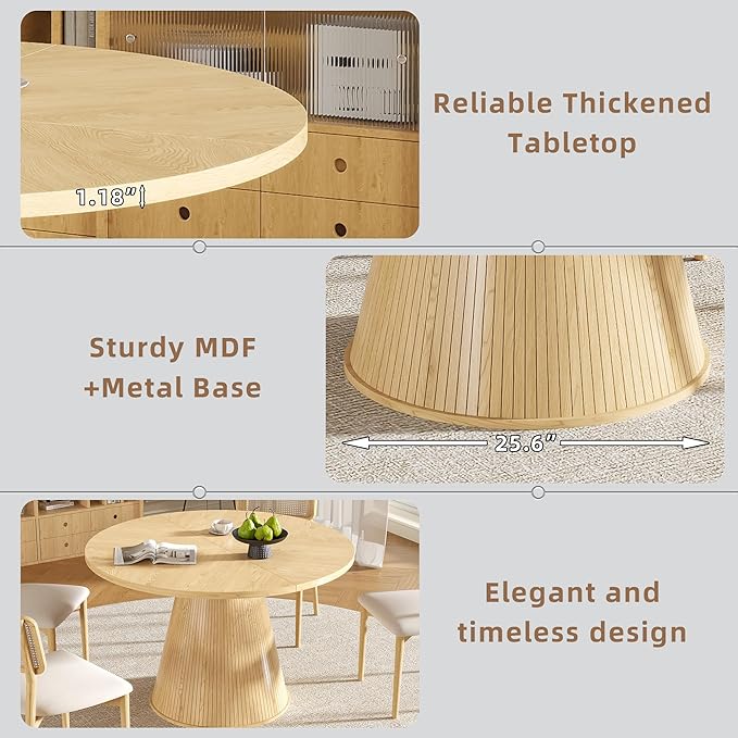 Round Dining Table for 4, Farmhouse Fluted Dining Kitchen Table, 47 Inch Modern Wood Small Circle Dining Table for Kitchen Living Room (Wood, 47inch)