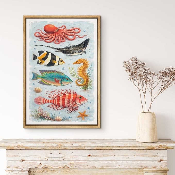 MUDECOR Framed Canvas Print Wall Art Colorful Ocean Life Marine Species Illustrations Minimalism Decorative Bohemian Zen for Living Room, Bedroom, Office - 16"x24" NATURAL