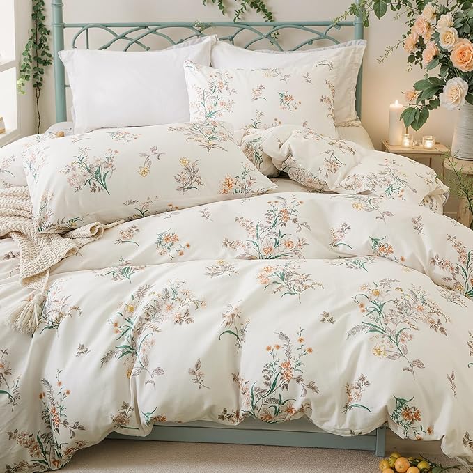 Duvet Cover Set King Size Vintage Style Garden Floral Duvet Cover 100% Cotton 3 Pcs Chic Floral Comforter Cover with Zipper Botanical Coquette Duvet Cover Set Ultra Soft & Breathable