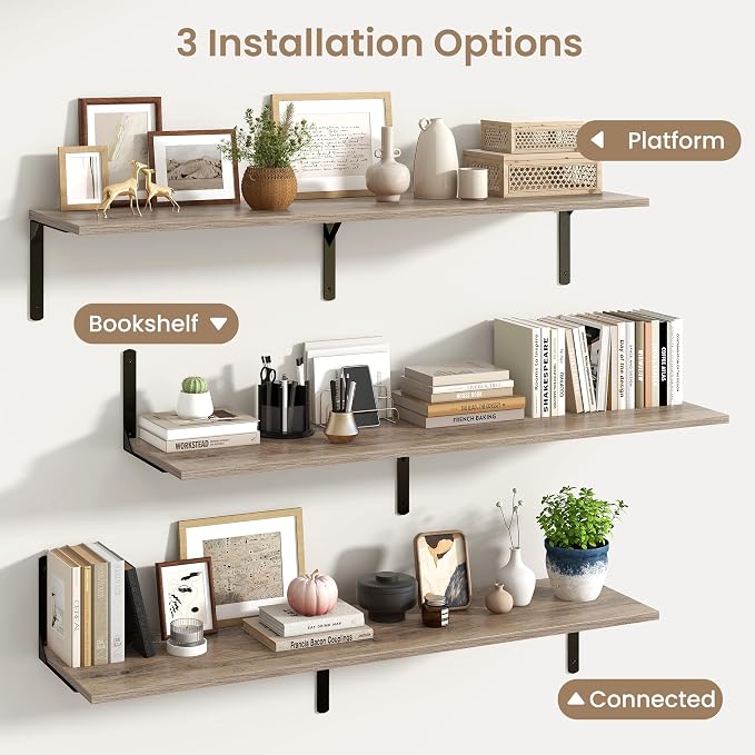 Fun Memories Floating Shelves for Wall, 12 Inch Deep Floating Shelves Set of 2, Wall Mounted Shelf with Metal Brackets, Rustic Wood Wide Shelf for Bathroom, Kitchen and Living Room, Grey, 55W x 12D