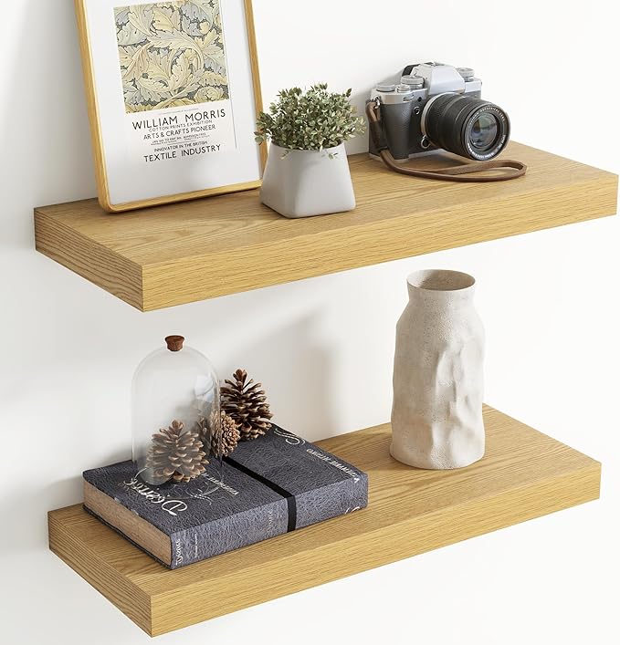 24 Inch Floating Shelves for Wall, 8 Inch Deep Floating Shelf for Storage & Display, Rustic Wall Mounted Shelf with Invisible Brackets for Living Room, Kitchen, Bathroom, Home Decor, Set of 2, Oak