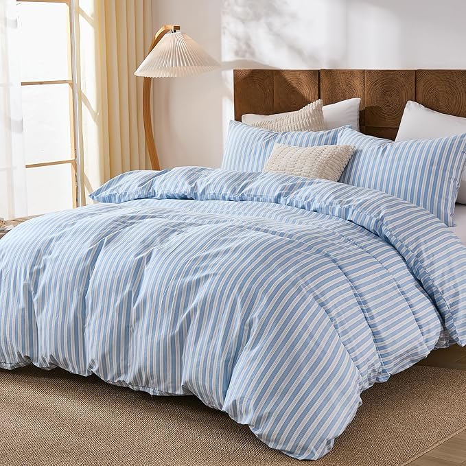Merryword Blue and White Striped Duvet Cover Set King Size, 100% Cotton Linen Like Textured Bedding with Classic Vertical Stripes, Soft Lightweight Reversible Comforter Cover for All Seasons