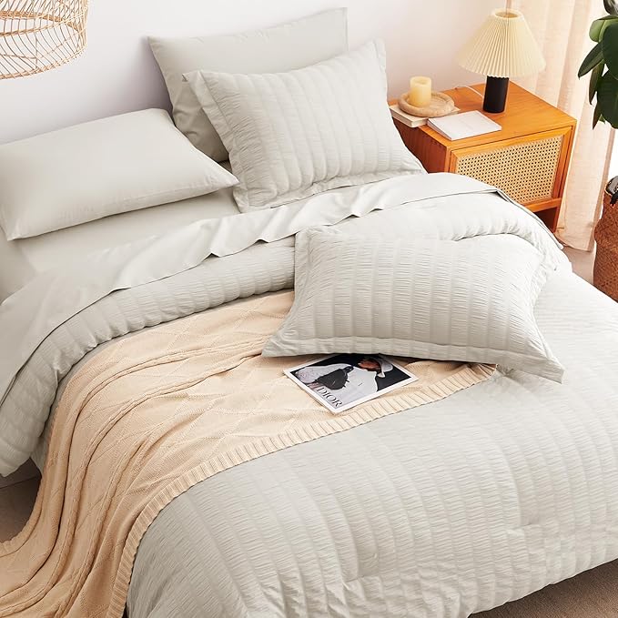 CozyLux Queen Comforter Set Beige, 7 Pieces Seersucker Textured Luxury Bed in a Bag Queen, All Seasons Soft Bedding Sets with Down Alternative Comforter, Sheets, Pillowcases & Shams, Home Gift