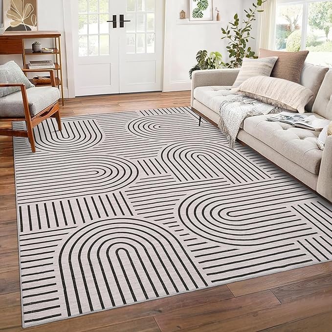 Washable Rug 8x10 Area Rugs for Living Room, Abstract Rug for Bedroom, Soft Rainbow Non Slip Rugs with Rubber Back, Low Pile Stain Resistant Boho Geometric Carpet for Dining Room, Light Camel