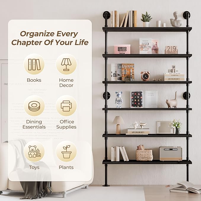 6 Tier Industrial Ladder Shelf Bookcase, Wall Mounted Rustic Bookshelf for Living Room Decor and Storage (Black, 6 Tier - 10" D x 48" W x 82.5" H)