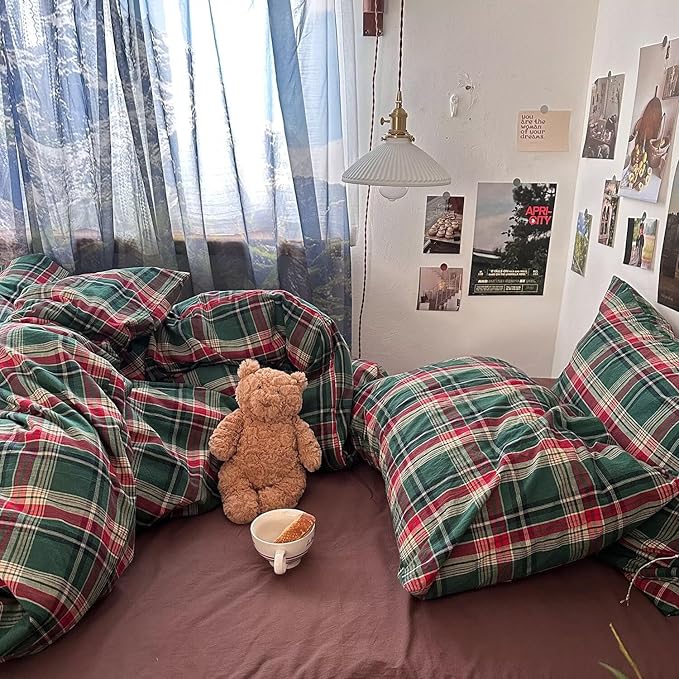 mixinni Vintage Green Buffalo Plaid Washed Cotton Duvet Cover King - Soft Breathable Textured Bedding Set with Zipper Closure for All Seasons-1 Duvet Cover + 2 Pillow Shams-King Size