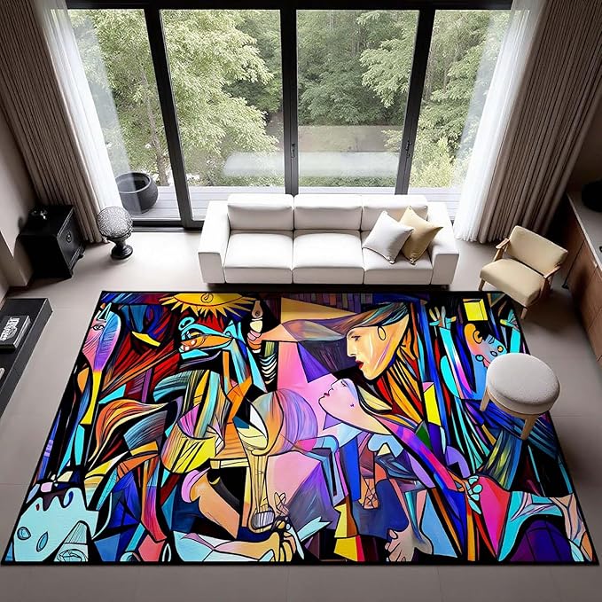 10x17 Colorful Guernica Rug, Abstract Pablo Picasso Rug, Abstract Rugs for Living Room, Modern Rugs, Large Colorful Graffiti Carpet, Non Slip & Faux Cashmere Washable Carpet