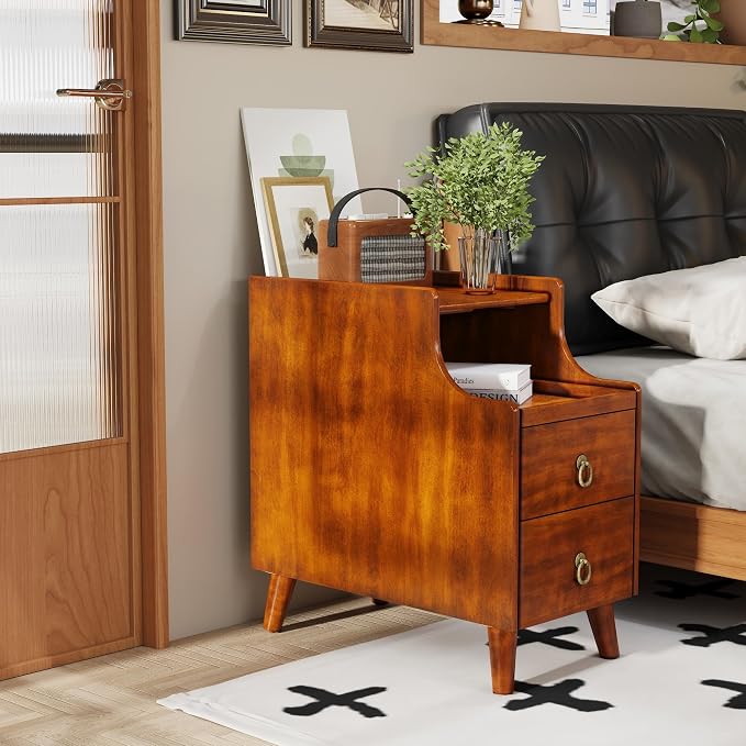 2-Set Solid Hardwood End Table with 2 Drawers, Traditional Beside Table with Pull-Out Coffee Tray, Modern Vintage Sofa Chair Side Table Nightstand for Living Room Bedroom, Cherry Brown Accent Table
