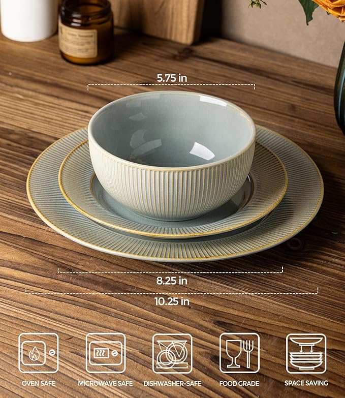 TheTerra Stoneware Dinnerware Sets for 6, 18 Pieces Ceramic Lightweight Plates and Bowls Sets, Scratch Resistant Embossed Dish Set, Oven, Microwave & Dishwasher Safe, Desert Sage