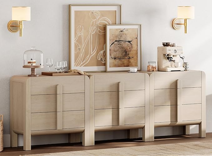 WAMPAT Large Sideboard Buffet Cabinet with Storage with 9 Drawers,Modern French 94.5" W Buffet Cabinet with Storage,Wood Coffee Bar Cabinets with Curved Edge Design for Kitchen Living Room,Light Oak