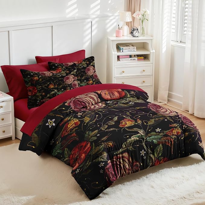 Nesker 7 Pcs Comforter Set Full Size, Retro Red Rose Flower Bedding Set for Kids and Adults, Floral Leaves Plant Bed Sheet Sets with Fitted Sheet 2 Pillowcases & 2 Shams