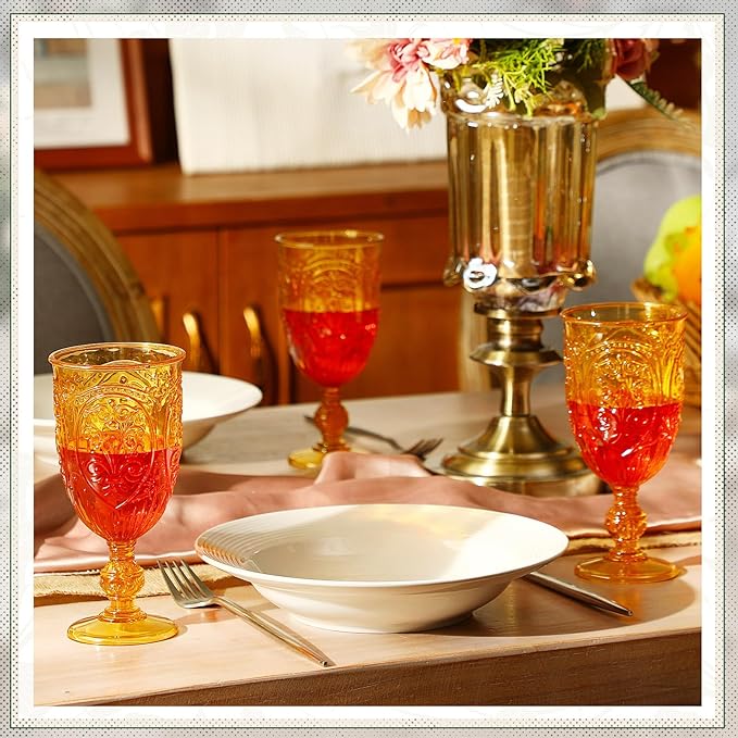 60 Pack Plastic Goblets 10oz Upgrade Vintage Water Goblet Plastic Wine Glasses Colored Retro Embossed Glassware for Party Wine Bar Juice Baby Shower Wedding Reception Grand (Amber)