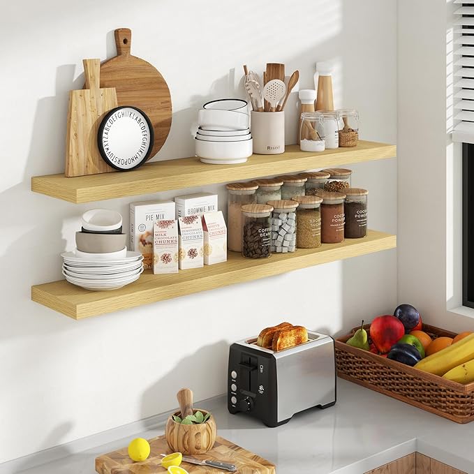 48 Inch Floating Shelves, 8 Inch Deep Floating Shelves for Wall, Hanging Shelf with Invisible Brackets, Deep Shelves for Bathroom, Bedroom, Living Room, Oak, Set of 2