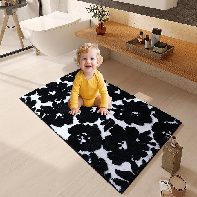 Civkor Black and White Bathroom Rug, Tufted Flower Bath Mat for Bathroom with Non Slip TPR Backing, Quick Dry Microfiber Surface, Soft and Super Water Absorbent Bath Rug, 31x20Inch