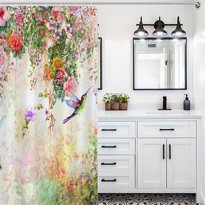 Watercolor Flowers Hummingbird Shower Curtain,Watercolor Floral with Tropical Flower Bird Butterfly Spring And Summer Waterproof Shower Curtains for Bathroom Decor 12 Pack Hooks 55x72in（140x183cm）