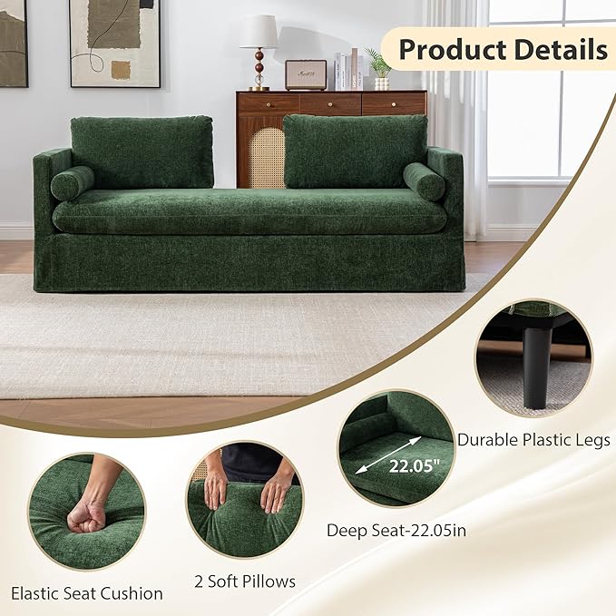 Chifee & Vingol 82.68" Oversized Chaise Lounge Indoor Modern Upholstered 2-Seater Daybed Sofa Bench with Pillows & Armrests Lounge Sleeper Sofa for Living Room Bedroom Office,Green