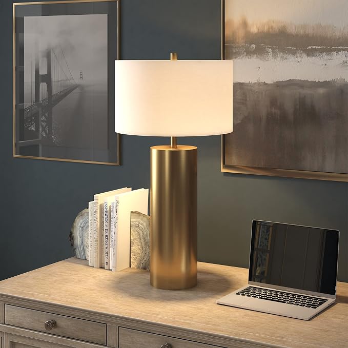 Henn&Hart 29.5" Mid-Century Modern 1-Light Table Lamp with White Fabric Drum Shade for Living Room, Bedroom, or Office, Brass