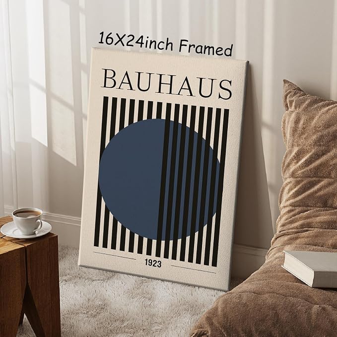 Bauhaus Abstract Geometric Wall Art Bauhaus Exhibition Poster Blue Geometric Pictures Abstract Minimalist Painting Mid-Century Modern Artwork Retro Minimalist Poster Blue Beige Prints 16x24in Framed