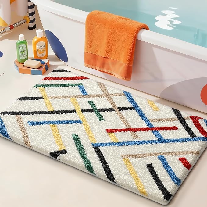 LUMI Bathroom Rugs with Colorful Line, Soft Absorbent Bath Mat for Modern Home Decor, Non-Slip Quick-Dry Bath Rug, Machine Washable Floor Mat for Shower and Tub, Entryway, 16"x24", Colored Line