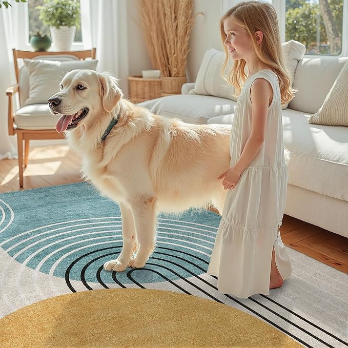 DCX Machine Washable 8x10 Area Rugs, Midcentury Modern Non Slip Stain Resistant Rug 8x10 for Living Room, Playroom, Dining Room, Soft Low Pile Large Carpet, Blue & Yellow
