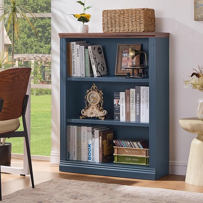43" Blue Tall Bookshelf Set of 4,3-Tier Thick Wooden Book Shelf with Adjustable Shelves,Free Standing Farmhouse Bookcase with Open Display Storage,Floor Vintage Bookshelves for Living Room