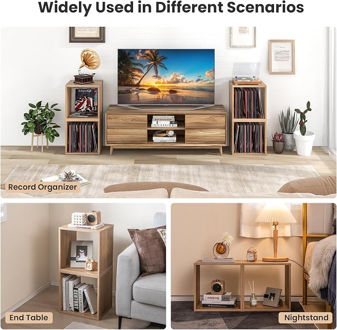 Giantex 4 Cube Bookshelf Organizer, 2-Tier Stackable Cube Storage Organizer, Small Wooden Open Book Shelf with Anti-toppling Device, Wood Floor Standing Display Shelving Bookcase, Natural