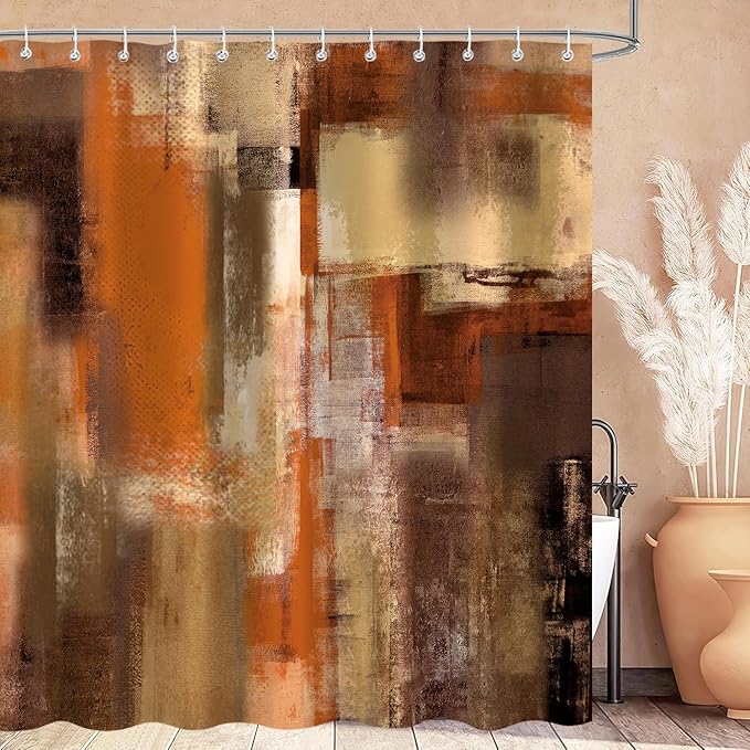 Burnt Orange Abstract Oil Shower Curtain, Modern Art Red Brown Painting Fabric Bathroom Curtains Decor Set, Waterproof Polyester Fabric Bath Curtain with Hooks 72x84 Inch