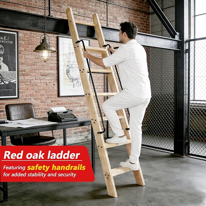 108in Attic Rolling Library Ladder, 9 Step Wooden Ladder with,Loft Ladder Bookshelf,Wall Stairs Red Oak Stair Platform Bunkbed Ladder,for Home Kitchen,Warehouses,Bookstore,DIY Stain