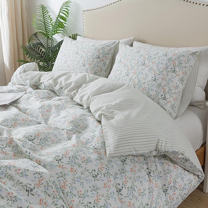 HoneiLife Botanical Duvet Cover King - 100% Cotton Comforter Cover Sets, Floral Duvet Cover Sets, Wildflower Bedlinen Set for King Beds