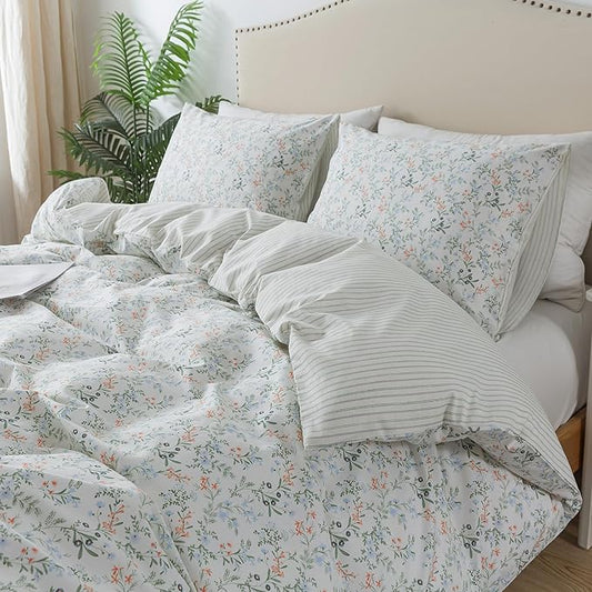 HoneiLife Botanical Duvet Cover King - 100% Cotton Comforter Cover Sets, Floral Duvet Cover Sets, Wildflower Bedlinen Set for King Beds
