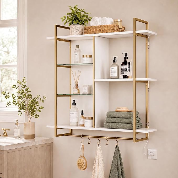BELLEZE 40" Floating Shelves with LED Lights, 4-Tier Wall Mounted Shelf with Hooks for Kitchen, Bar, Living Room - MDF Display Rack for Coffee Bar, Books, Decor (Remote Control, 16 Colors + 32 Modes)