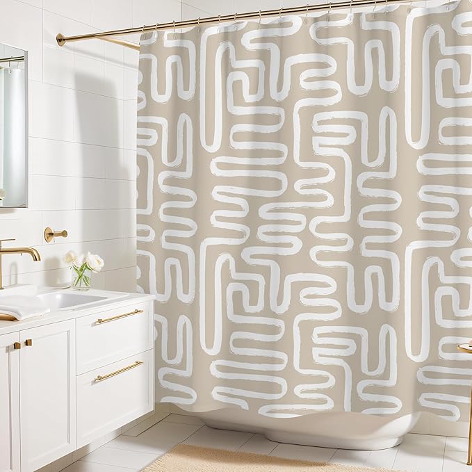 Linen Beige White Abstract Print Shower Curtain - Boho Pattern - Modern Minimalist Home Decor - Neutral Scandi Style Fabric Shower Curtain For Any Bathroom - 72x72 Inches (Linen Lines)