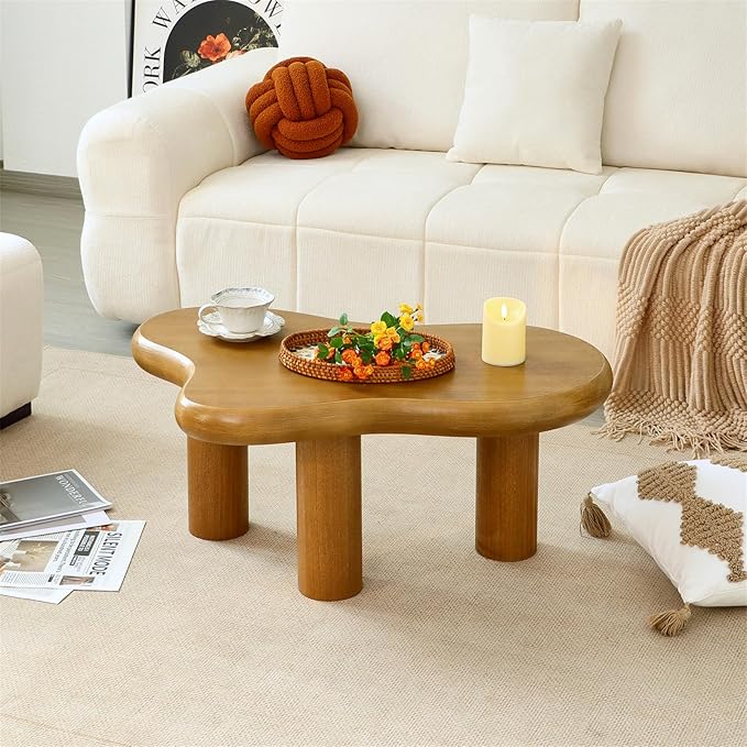 34"(L) Cloud Coffee Table, Modern Wood Coffee Table for Living Room, Accent Center Tables with 3 Legs, Small Tea Tables for Balcony, Patio, Bedroom, Wood