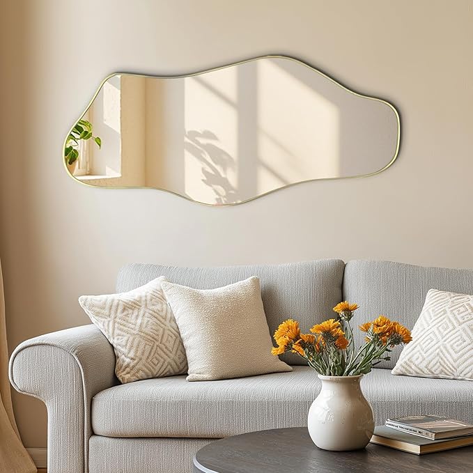 Irregular Mirror, Asymmetrical Frameless Mirrors, 40"x17.7" Gold Abstract Wall Mirror Decorative, Modern Cloud Shaped Mirrors for Living Room Bathroom Bedroom Hallway Entryway Fireplace