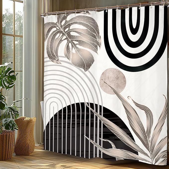 Miyotaa Abstract Black Tan Shower Curtain Set 60Wx71H Inches Modern Plant Geometric Minimalist Aesthetic Mid Century Leaves Contemporary Neutral Waterproof Bathroom Curtain with 12 Hooks