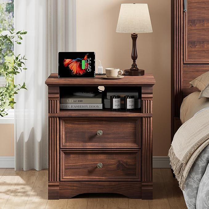 Walnut Nightstand with Charging Station, Farmhouse Bedside Table, End Table with 2 Drawers and Chic Wood Pilasters Design, Wood Side Table with Metal Handles for Bedroom, Living Room