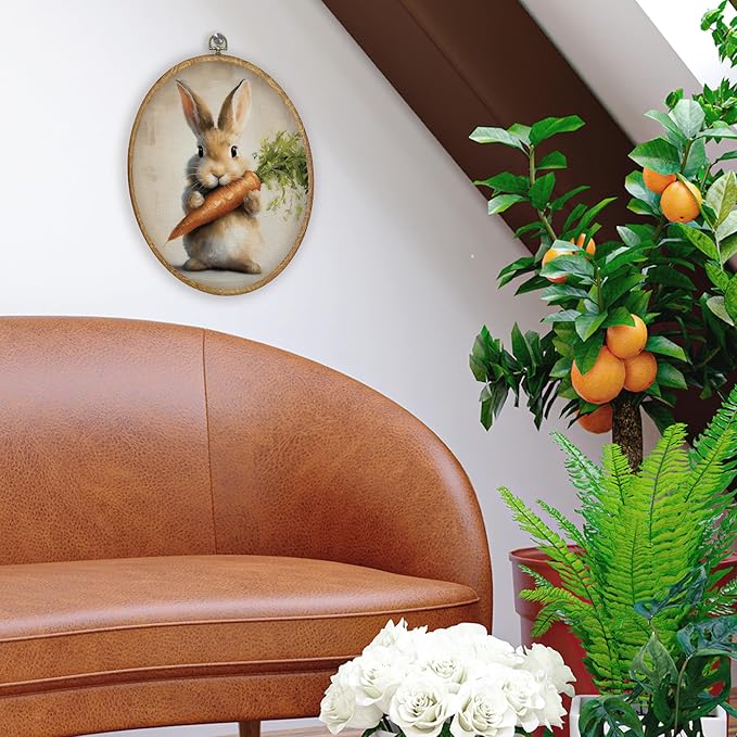 CGBHW Vintage Easter Bunny Oval Wall Art Decor, Rustic Bunny and Carrot Canvas Prints Framed, Cottagecore Easter Rabbit Wall Art Hanging Decor for Kitchen Home Bedroom Living Room, 8.6x11.4 Inch
