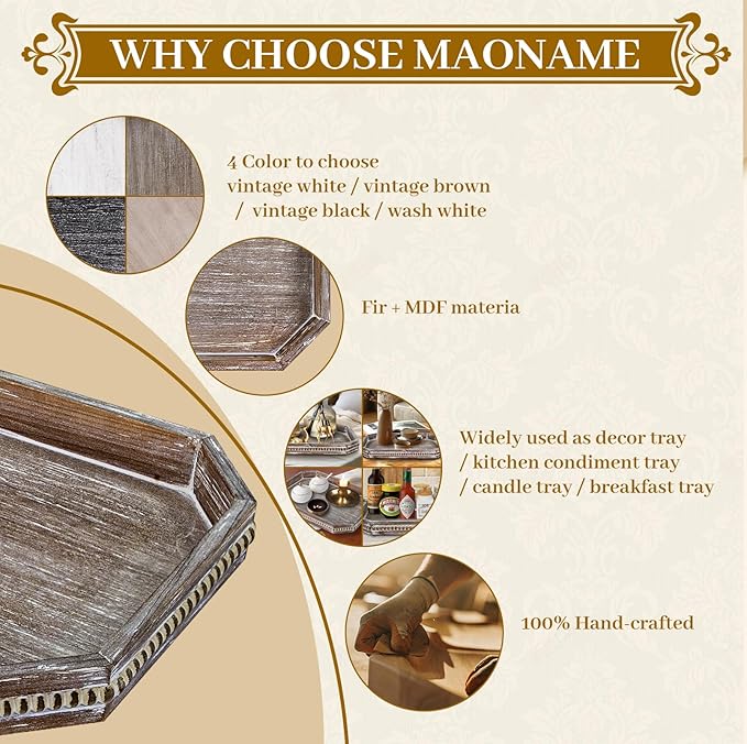 MAONAME Wood Serving Tray, Farmhouse Wooden Tray for Coffee Table, Octagonal Beaded Trays, Vintage Brown Decorative Trays for Living Room, Kitchen, 15.7" X 10.2" X 1.6"