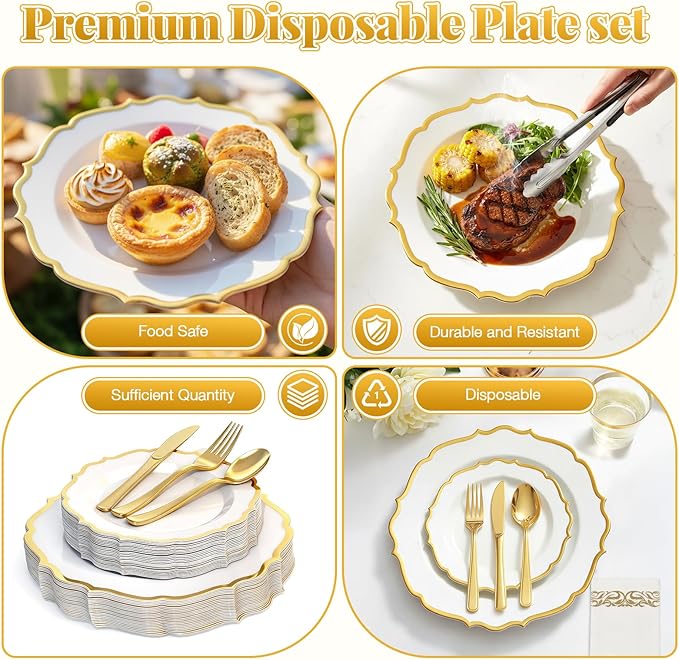 175 Plastic Dinnerware Set Gold Disposable Dinnerware Set for 25 Guests Include 50 Plastic Plates 25 Silverware Set 25 Cups and 25 Napkins for NewYear Party Wedding Birthday