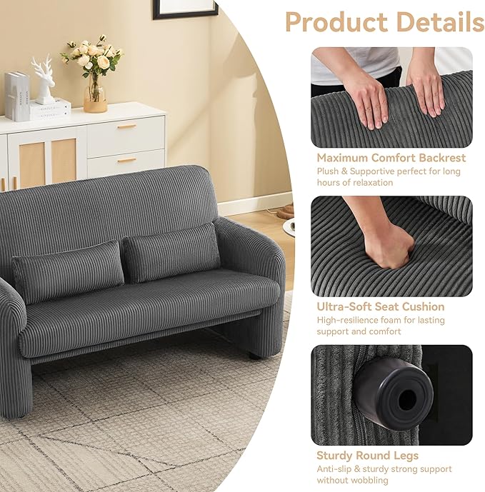 Corduroy Accent Living Room Sets, Modern Upholstered Love Seat with 2 Accent Chairs, Wide Comfy Leisure Chair Sets for Bedroom, Office, Grey
